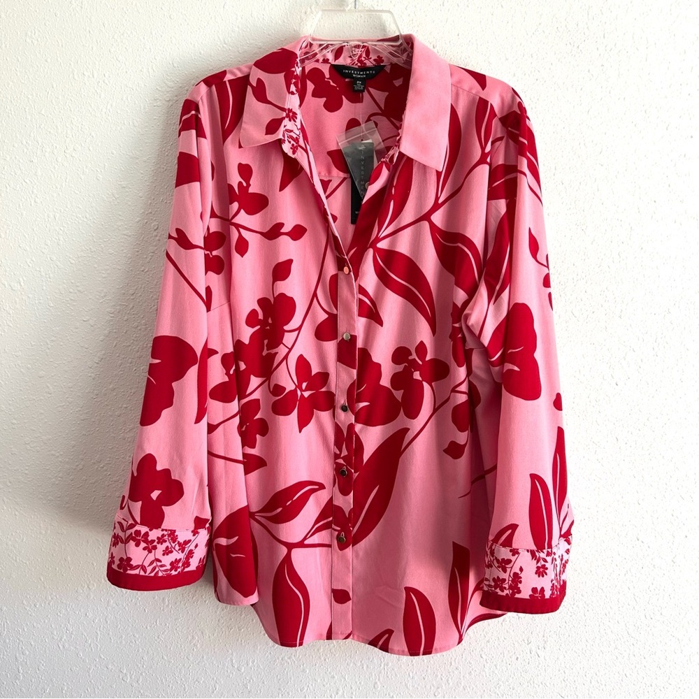 Investments Floral Print Blouse Top Women's Plus Size 2X Pink Red Relaxed Fit